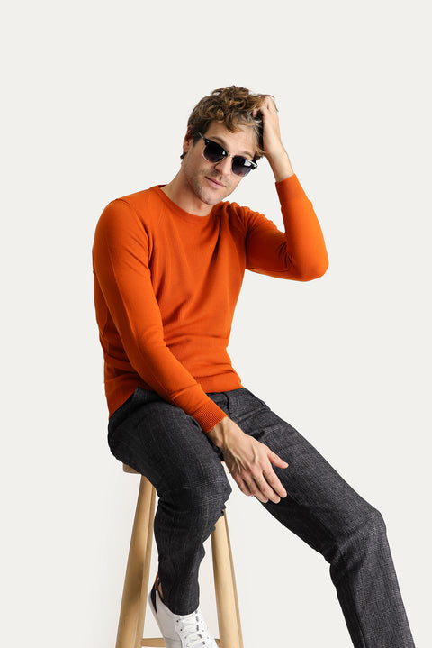 Kiremit Bisiklet Yaka Slim Fit Dar Kesim Desenli Triko Kazak