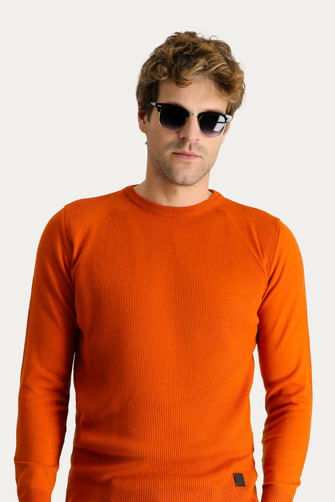 Kiremit Bisiklet Yaka Slim Fit Dar Kesim Desenli Triko Kazak