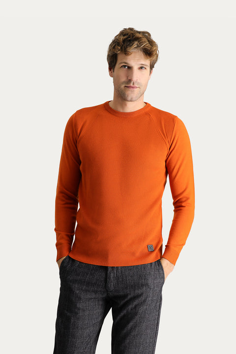 Kiremit Bisiklet Yaka Slim Fit Dar Kesim Desenli Triko Kazak