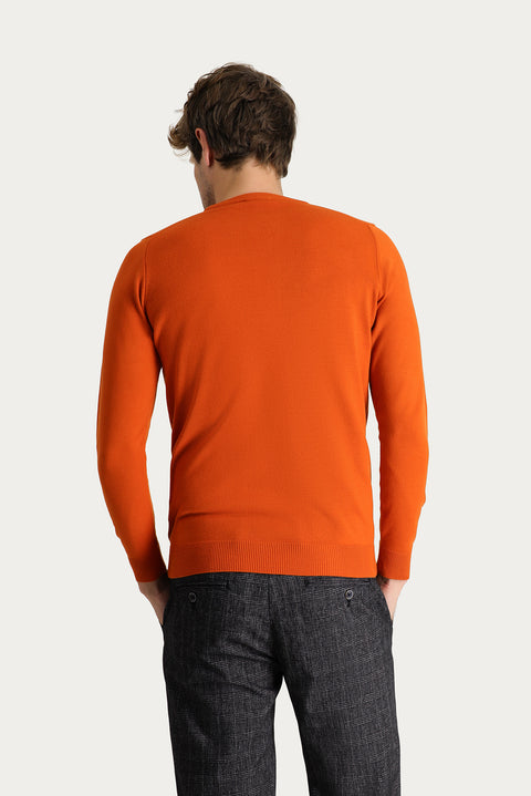 Kiremit Bisiklet Yaka Slim Fit Dar Kesim Desenli Triko Kazak