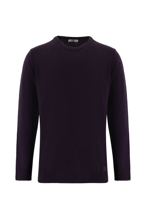 Medium Purple Crew Neck Slim Fit Narrow Cut Patterned Knit Sweater