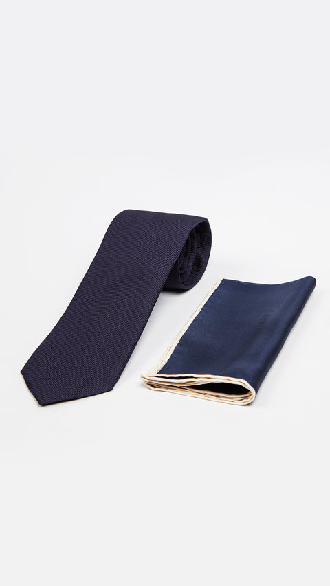Medium Navy Blue 2-Piece Plain Silk Tie & Pocket Square Set