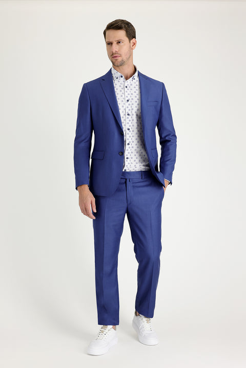 Dark Blue 8 Drop Muscle Fit Long Athletic Cut Patterned Suit