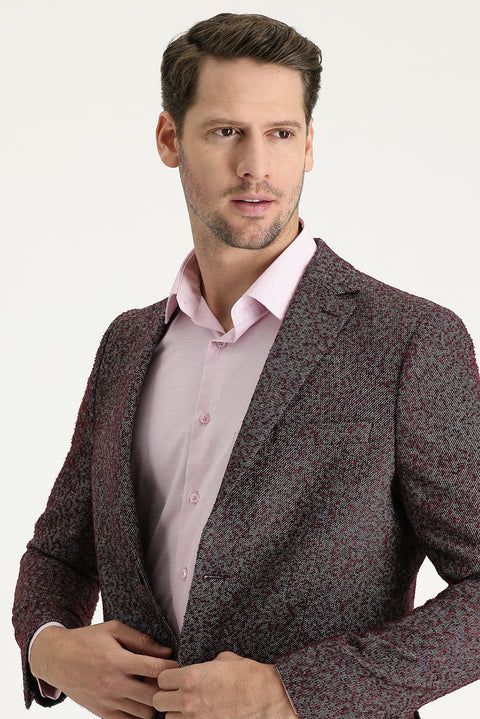Light Burgundy 4-Drop Relaxed Fit Patterned Wool Jacket