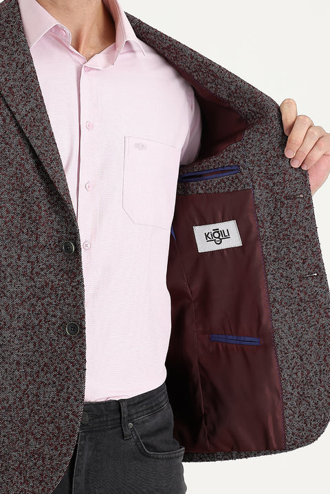 Light Burgundy 4-Drop Relaxed Fit Patterned Wool Jacket