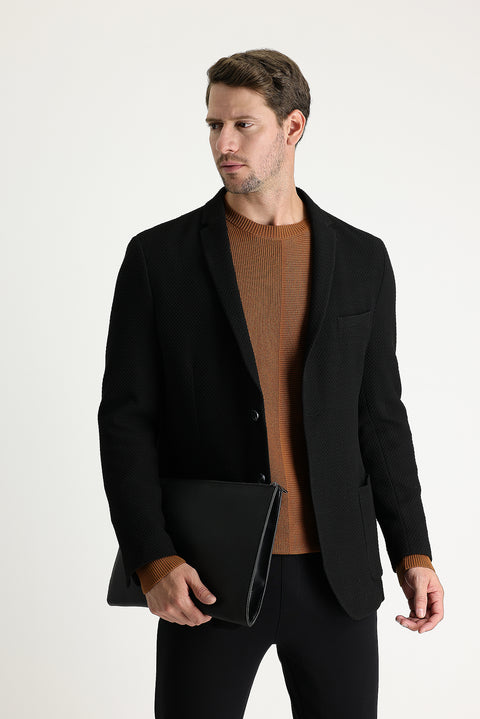 Black 7 Drop Super Slim Fit Extra Narrow Cut Patterned Jacket