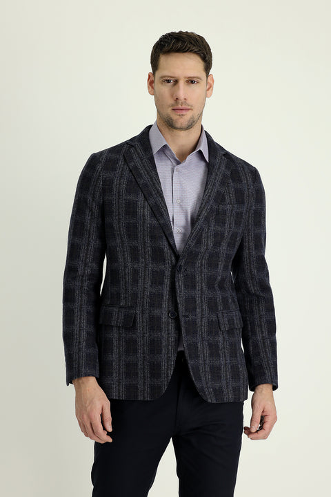 Dark Navy 4-Drop Relaxed Fit Plaid Jacket