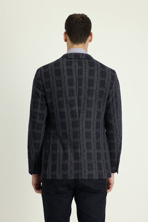Dark Navy 4-Drop Relaxed Fit Plaid Jacket