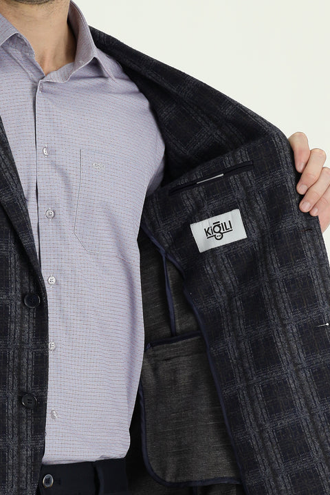 Dark Navy 4-Drop Relaxed Fit Plaid Jacket