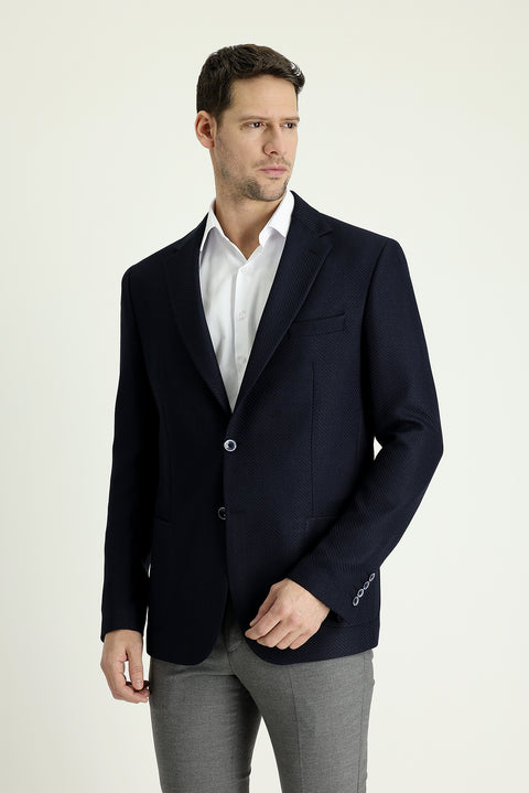 Dark Navy 8 Drop Muscle Fit Long Athletic Cut Patterned Sport Jacket
