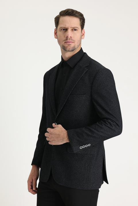 Black 4-Drop Relaxed Fit Classic Patterned Jacket