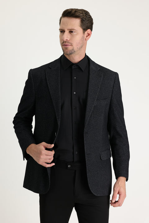Black 4-Drop Relaxed Fit Classic Patterned Jacket