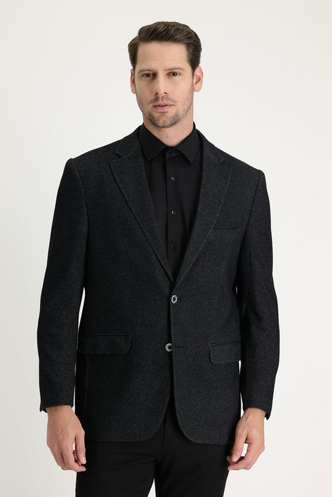 Black 4-Drop Relaxed Fit Classic Patterned Jacket