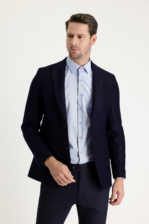 Dark Navy 6 Drop Regular Fit Patterned Wool Jacket