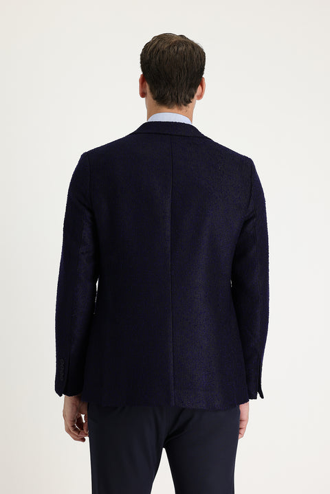 Dark Navy 4-Drop Relaxed Fit Patterned Wool Jacket