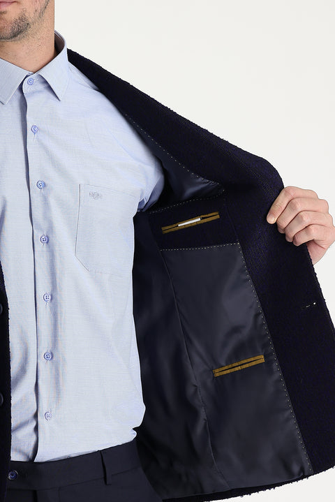 Dark Navy 4-Drop Relaxed Fit Patterned Wool Jacket