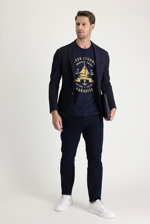 Dark Navy 6 Drop Regular Fit Patterned Lycra Canvas/Chino Pants