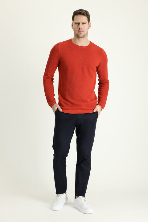 Mid Navy Regular Fit Standard Cut Lycra Canvas / Chino Trousers