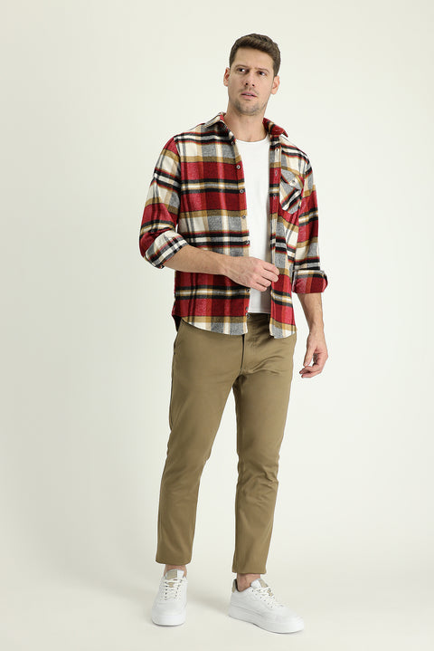 Dark Beige Regular Fit Standard Cut Lycra Canvas / Chino Trousers
