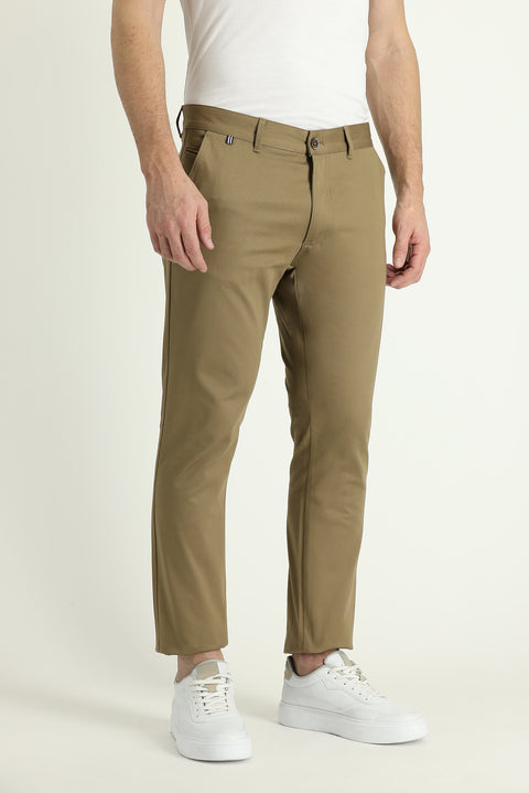 Dark Beige Regular Fit Standard Cut Lycra Canvas / Chino Trousers