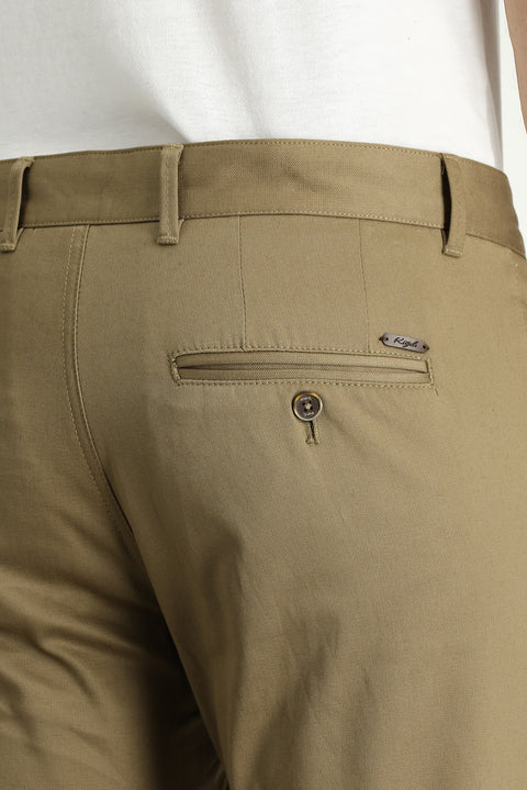 Dark Beige Regular Fit Standard Cut Lycra Canvas / Chino Trousers