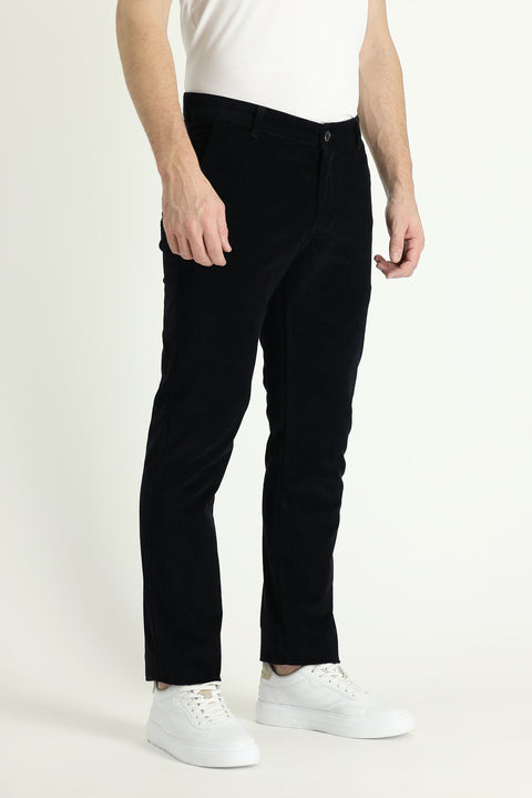 Black Regular Fit Standard Cut Lycra Velvet Trousers