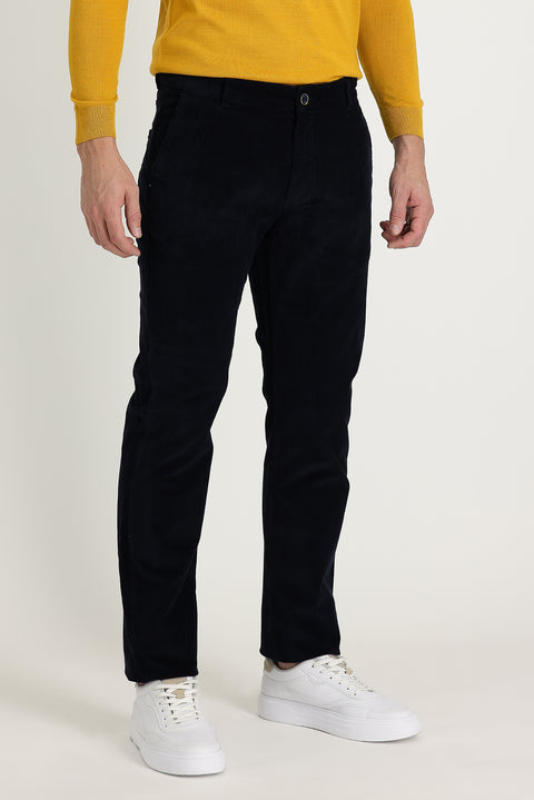 Dark Navy Regular Fit Standard Cut Lycra Corduroy Trousers