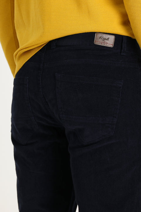 Dark Navy Regular Fit Standard Cut Lycra Corduroy Trousers