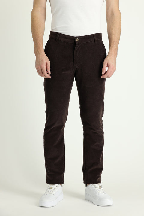 Medium Brown Regular Fit Standard Cut Lycra Corduroy Trousers