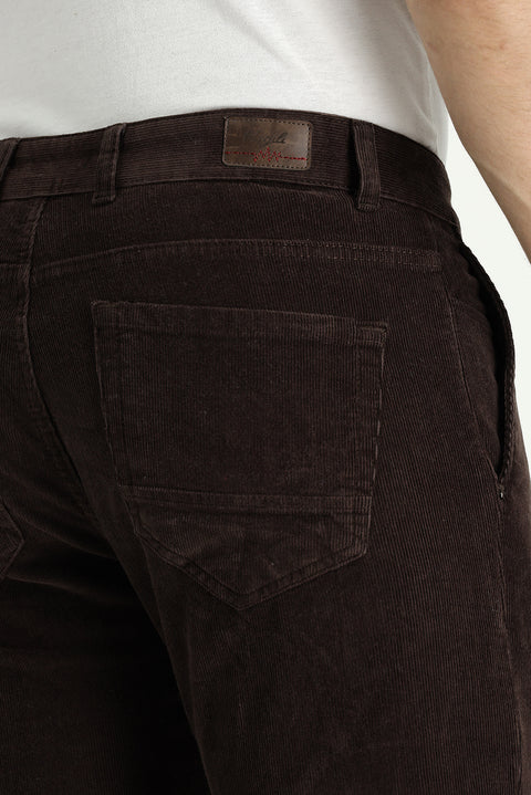Medium Brown Regular Fit Standard Cut Lycra Corduroy Trousers