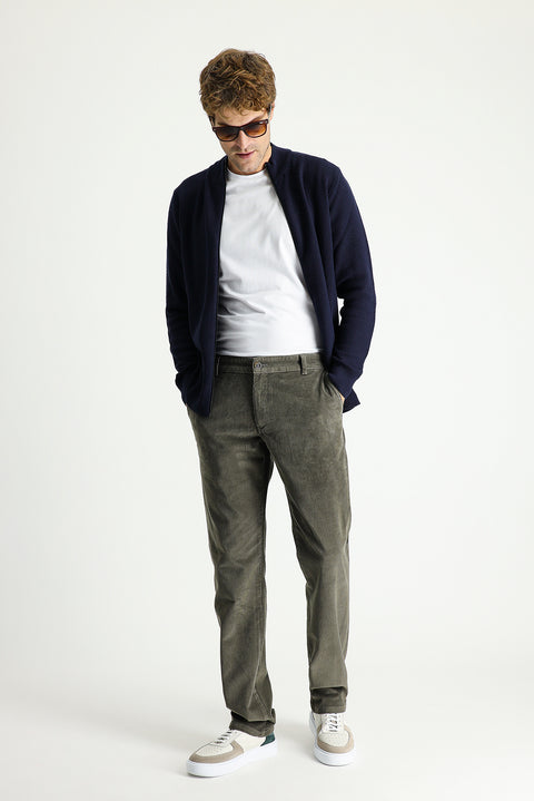 Olive Green Regular Fit Standard Cut Stretch Velvet Trousers
