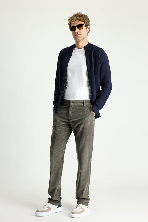 Olive Green Regular Fit Standard Cut Stretch Velvet Trousers