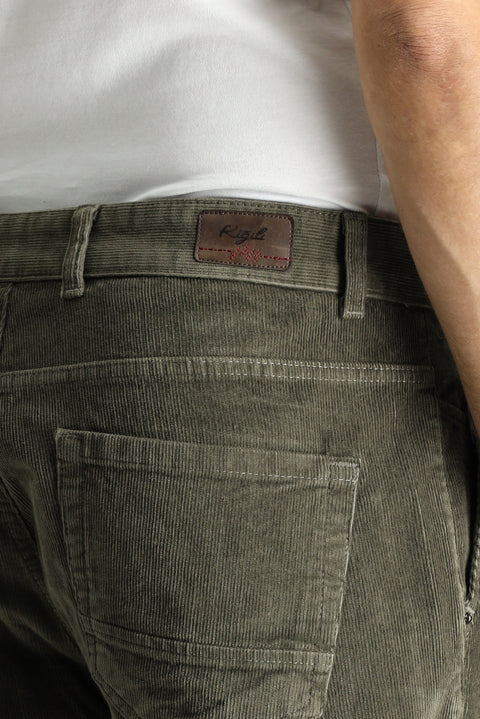 Olive Green Regular Fit Standard Cut Stretch Velvet Trousers