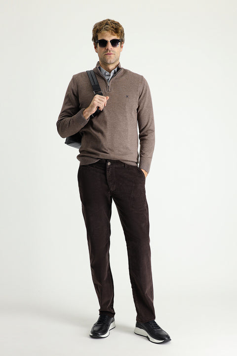 Medium Brown Regular Fit Standard Cut Lycra Corduroy Trousers