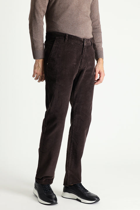 Medium Brown Regular Fit Standard Cut Lycra Corduroy Trousers