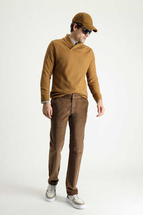 Dark Beige Regular Fit Standard Cut Lycra Velvet Trousers