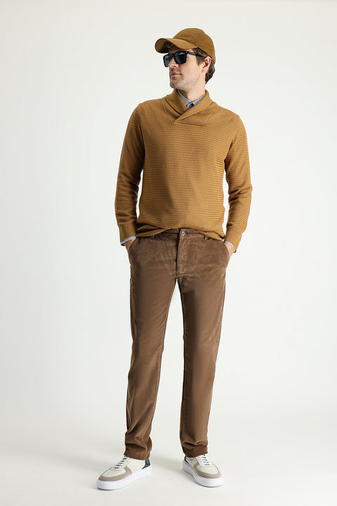 Dark Beige Regular Fit Standard Cut Lycra Velvet Trousers