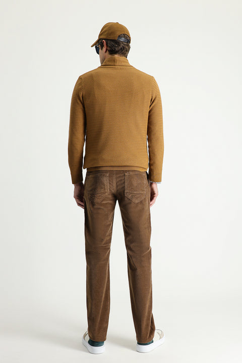 Dark Beige Regular Fit Standard Cut Lycra Velvet Trousers