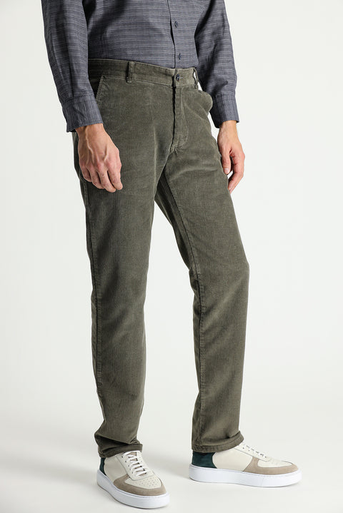 Olive Green Regular Fit Standard Cut Stretch Velvet Trousers