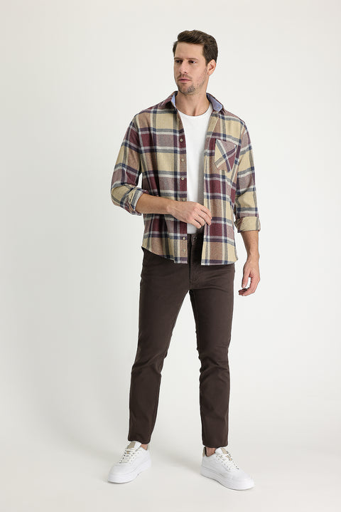 Mid Coffee Regular Fit Standard Cut Lycra Canvas / Chino Trousers
