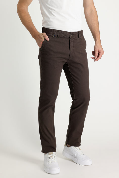 Mid Coffee Regular Fit Standard Cut Lycra Canvas / Chino Trousers