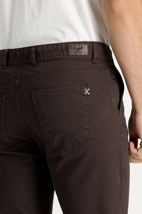 Mid Coffee Regular Fit Standard Cut Lycra Canvas / Chino Trousers