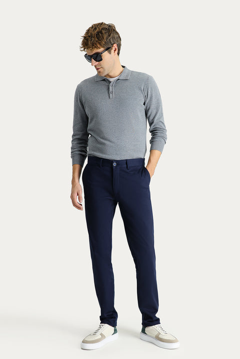 Mid Navy Regular Fit Standard Cut Lycra Canvas / Chino Trousers