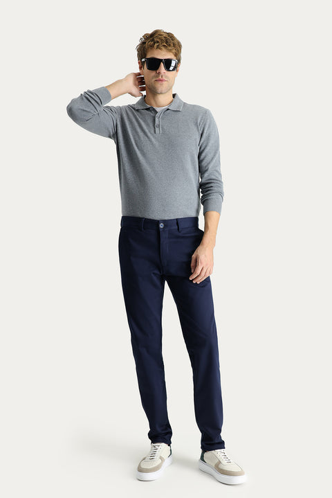 Mid Navy Regular Fit Standard Cut Lycra Canvas / Chino Trousers