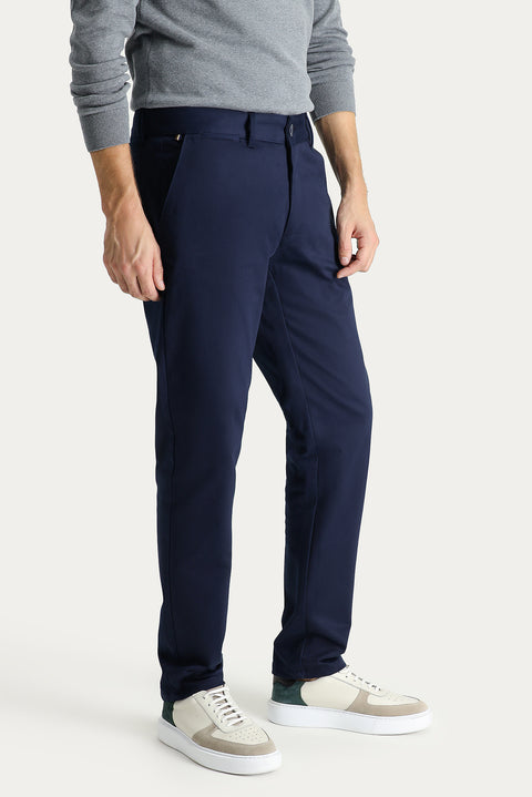 Mid Navy Regular Fit Standard Cut Lycra Canvas / Chino Trousers