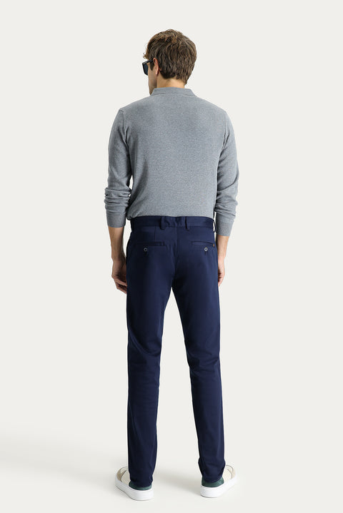 Mid Navy Regular Fit Standard Cut Lycra Canvas / Chino Trousers