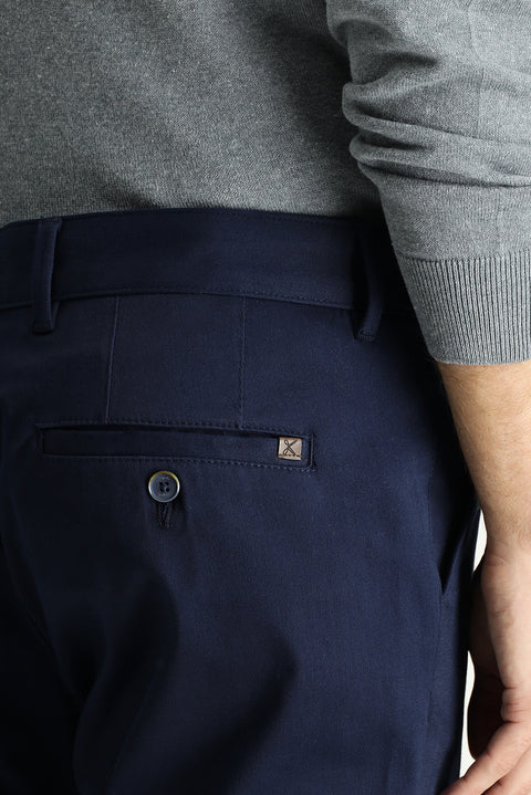 Mid Navy Regular Fit Standard Cut Lycra Canvas / Chino Trousers
