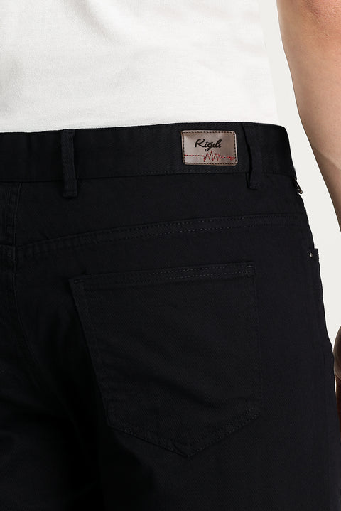 Black Regular Fit Standard Cut Lycra Canvas / Chino Trousers