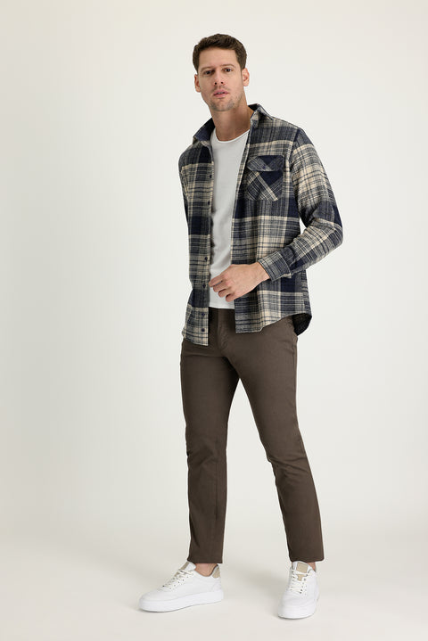 Mid Coffee Regular Fit Standard Cut Lycra Canvas / Chino Trousers