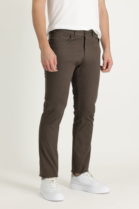 Mid Coffee Regular Fit Standard Cut Lycra Canvas / Chino Trousers